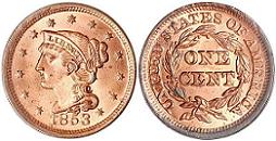 1853 Coronet Head Braided Large Cent