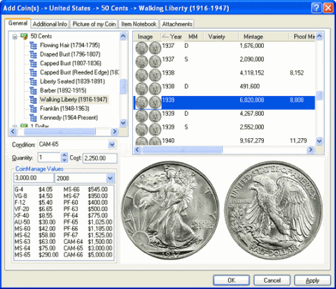 Coin Manage coin collecting software screenshot